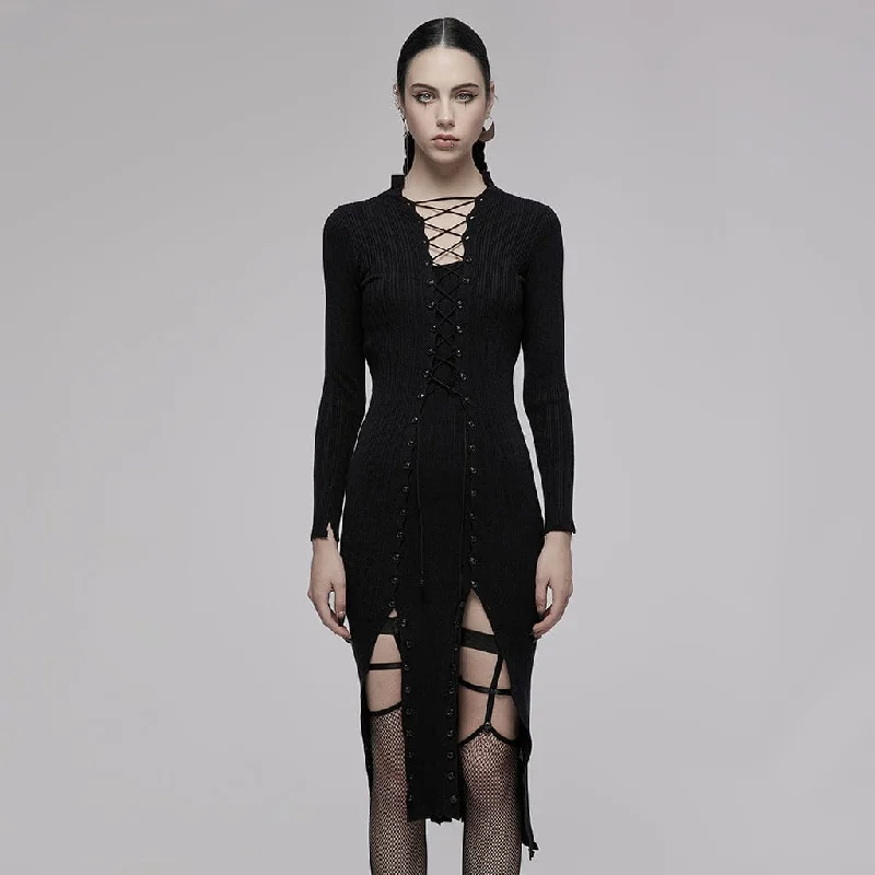 Style Your Wardrobe Women's Grunge Lacing-up Long Sleeved Knitted Dress