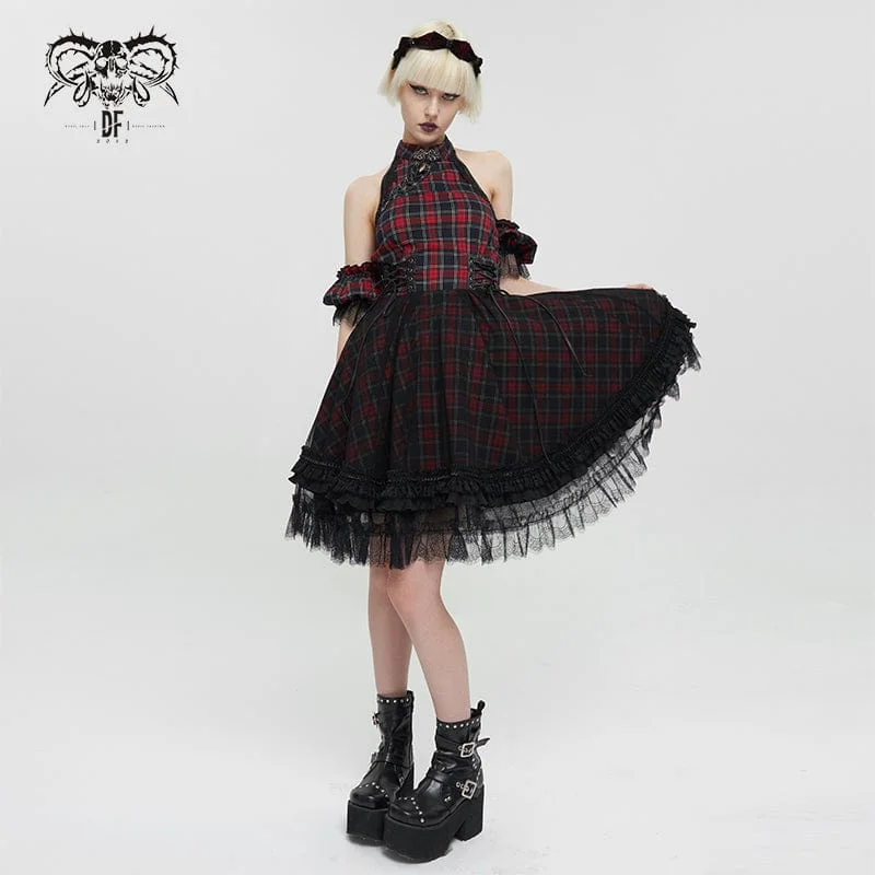 Women's Clothes Online Shopping Women's Grunge Off Shoulder Cheongsam Collar Plaid Dress