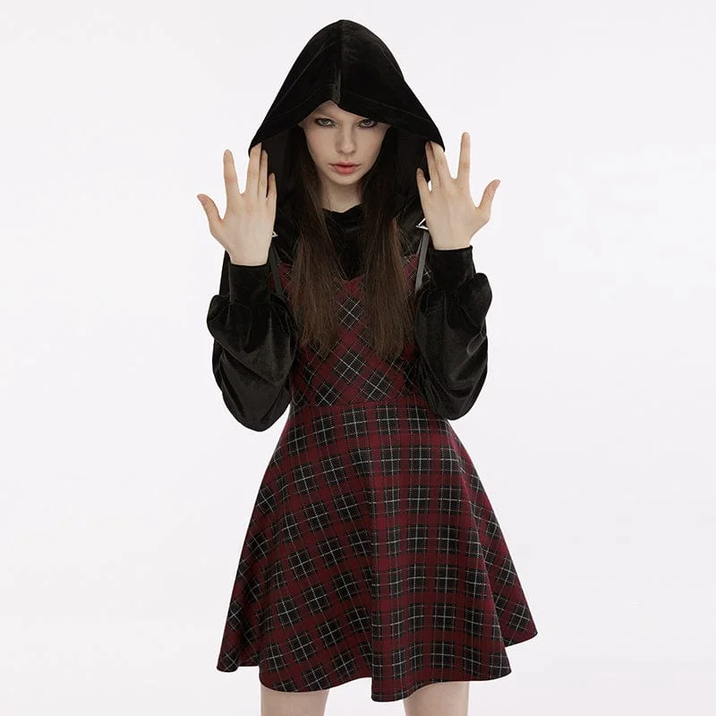 Online Boutique Stores Women's Grunge Plaid Splice Velvet Dress with Hood