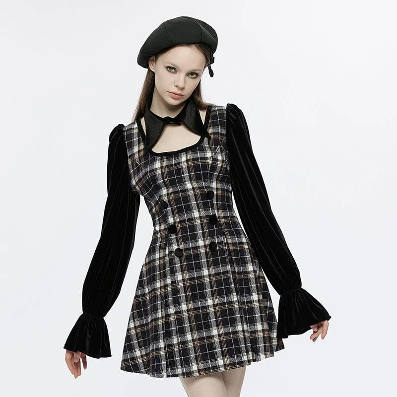 Discount Store Women's Grunge Puff Sleeved Splice Plaid Dress