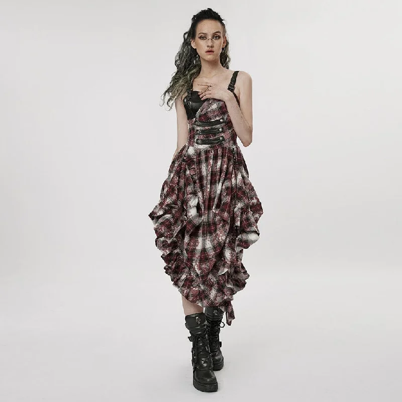 Summer Sale Women's Grunge Ruffled Plaid Dress with Shoulder Pad