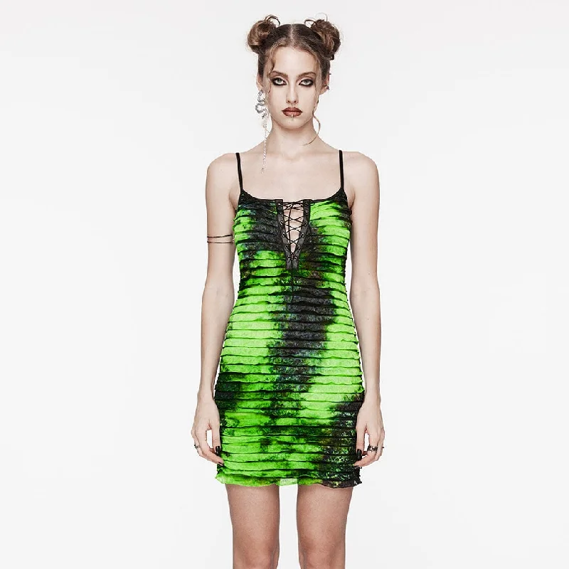 Stylish Statements Women's Grunge Ruffled Tie-dyed Slip Dress Green