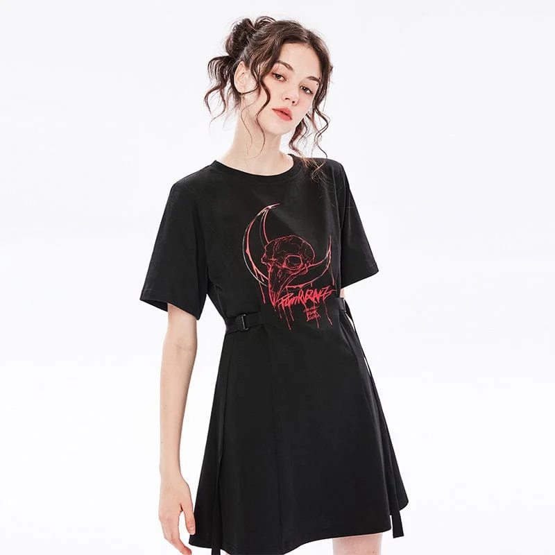 Easygoing Women's Style Women's Grunge Skull Printed Casual T-shirt Dress with Straps