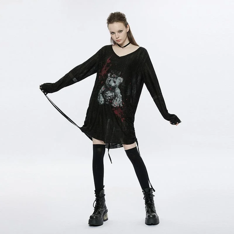 Fashion-forward Women's Wear Women's Grunge V-neck Bear Printed Loose Shirt Dress