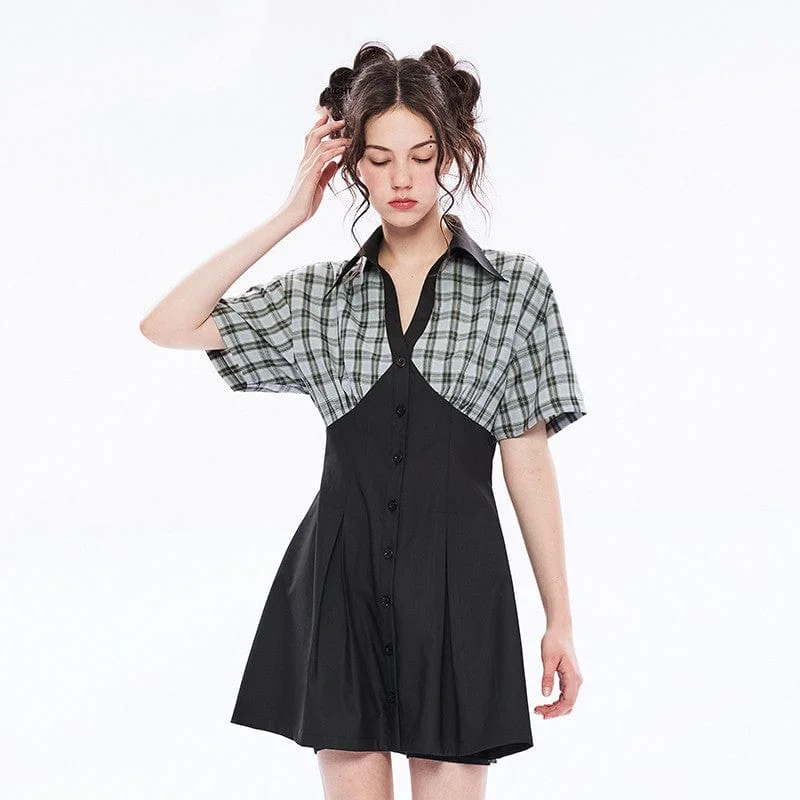 Women's High Street Fashion Women's Grunge V-neck Green Plaid Splice Short-sleeved Dress