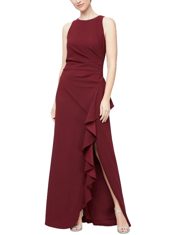 Laid-Back Elegance Womens Knit Cascade Ruffle Evening Dress