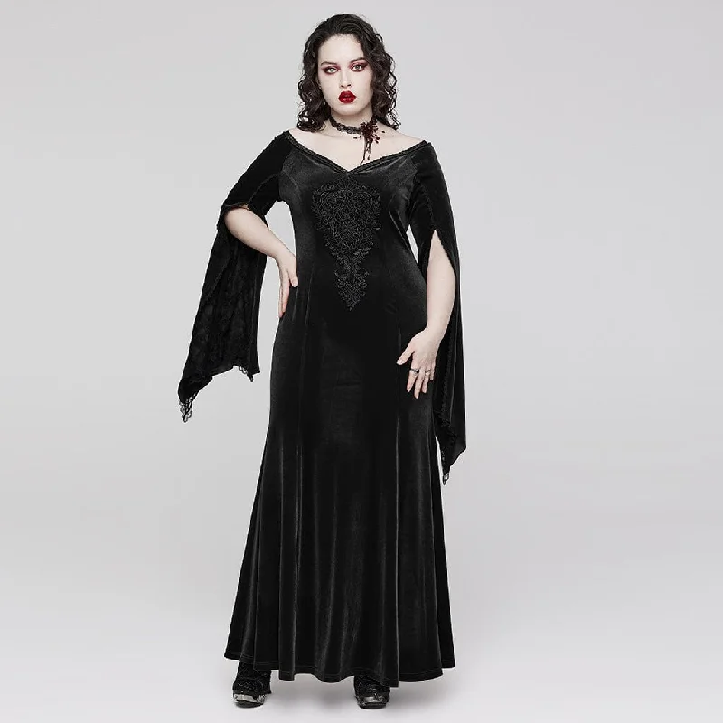 Rocker Chic Fashion Women's Plus Size Gothic Flared Sleeved Floral Embroidered Velvet Wedding Dress