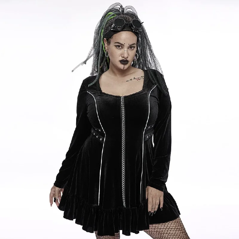 Unique Women's Fashion Pieces Women's Plus Size Gothic Metal Chain Long Sleeved Velvet Dress