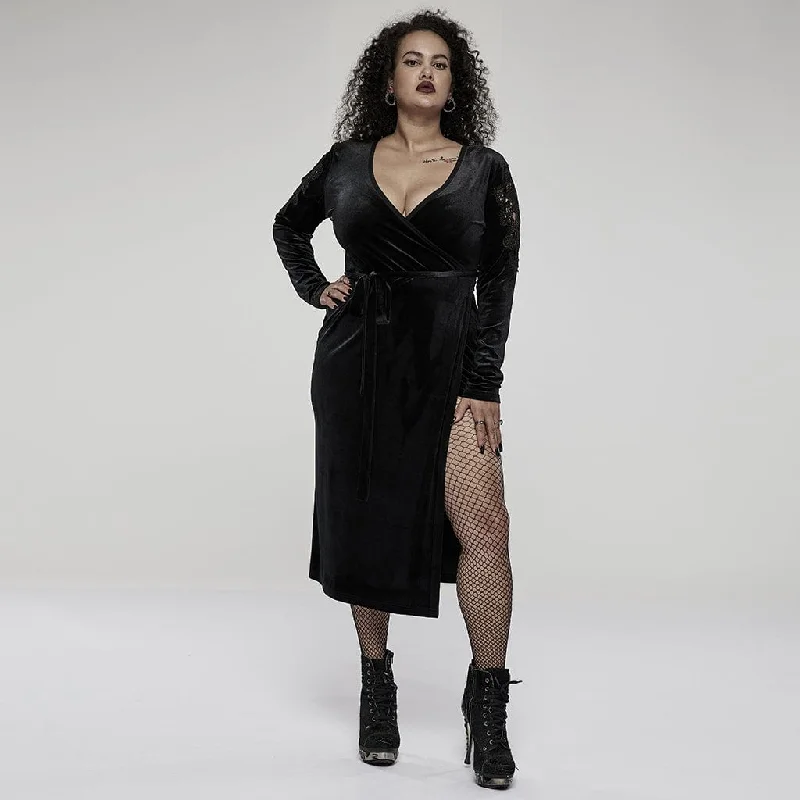 Women's Stylish Outerwear Women's Plus Size Gothic V-neck Side Slit Long Sleeved Velet Dress