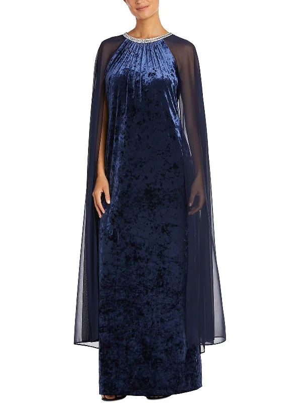 Elegant Fashion Womens Velvet Sheer Overlay Evening Dress