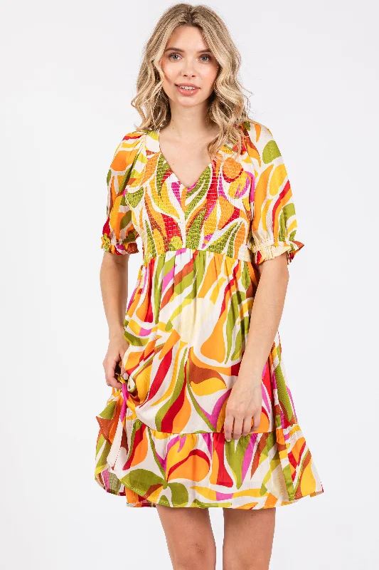 Fashion Forward Outfits Yellow Abstract Print Smocked Dress