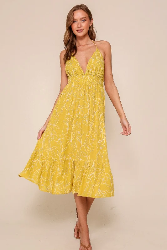 Relaxed Style Yellow Floral Sleeveless Halter Neck Open Back Dress